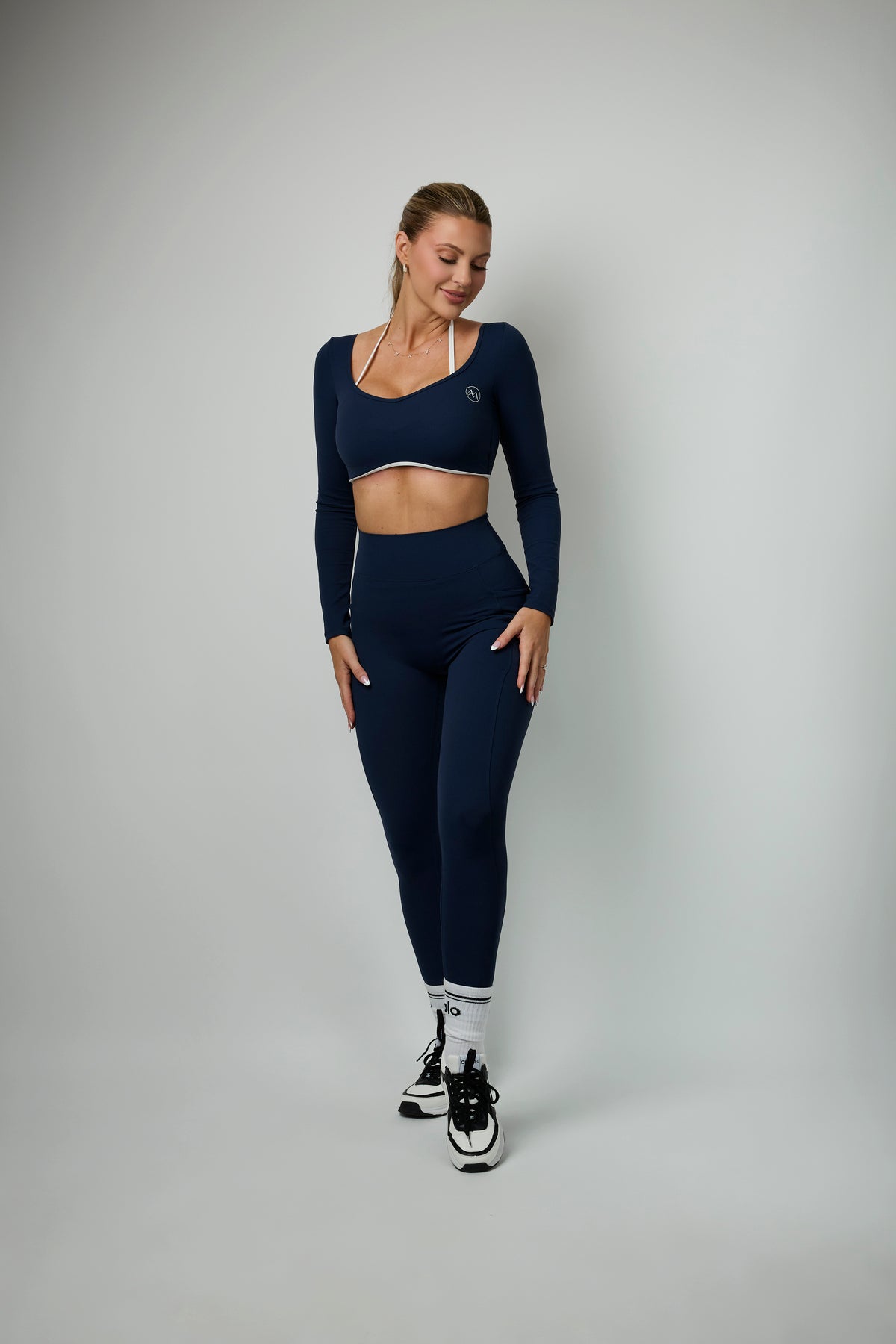 AURA SET – Black & Navy Bra + Leggings Set with White Trim