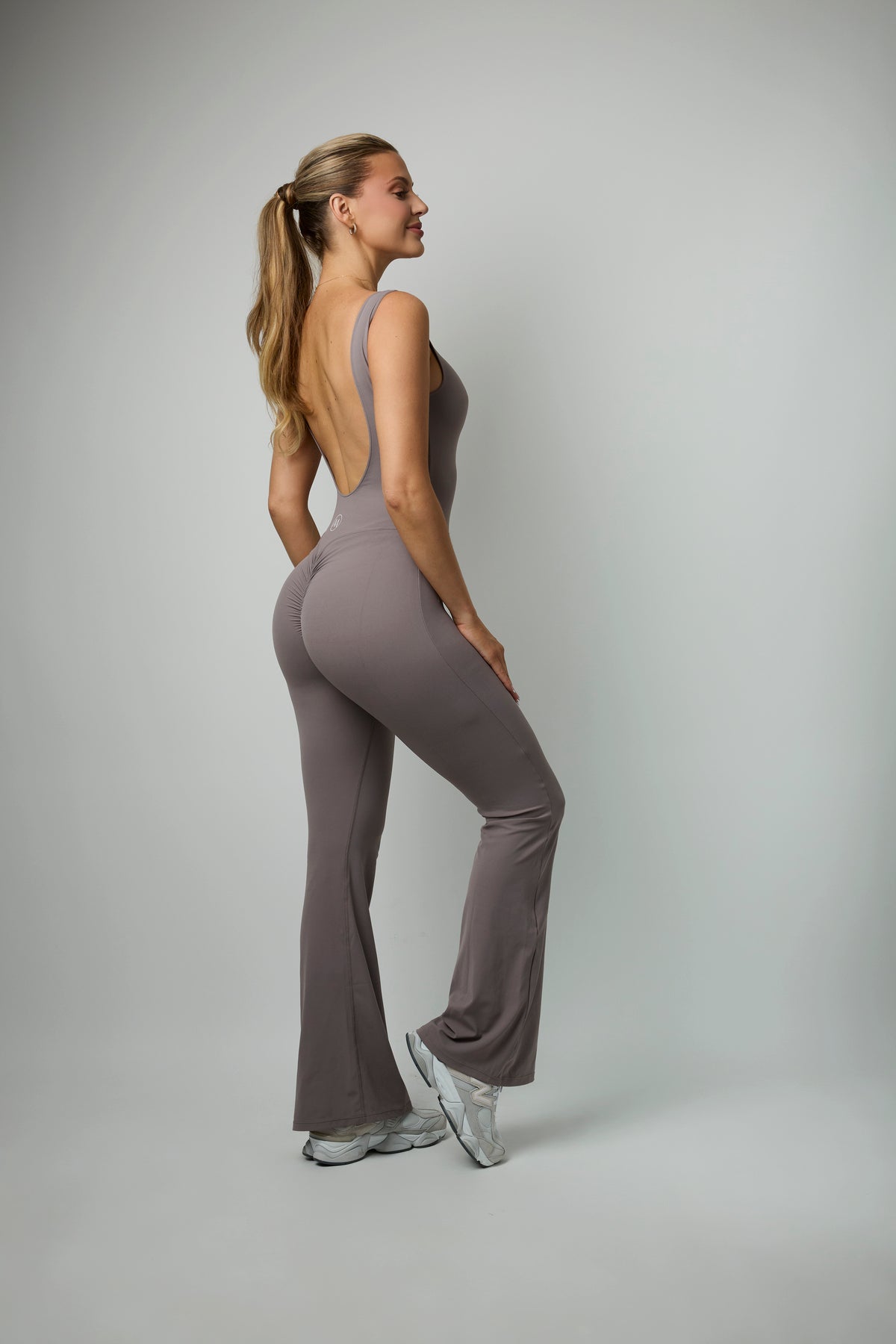 FLOW FLARE – Taupe Flared-Leg Jumpsuit