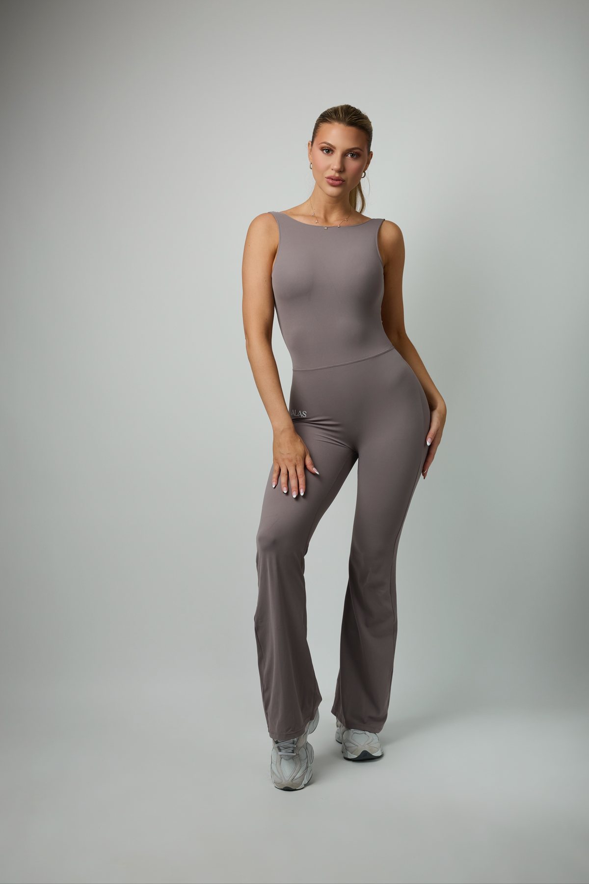 FLOW FLARE – Taupe Flared-Leg Jumpsuit